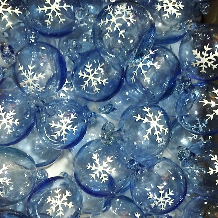 Ice Blue recycled glass Bethlehem Bauble painted with white snowflake