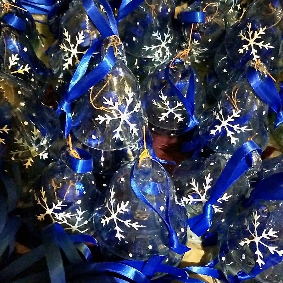 Blue bell Christmas decoration with glass dong in Hebron blue recycled glass.  Painted with white snowflake hanging on blue ribbon.  